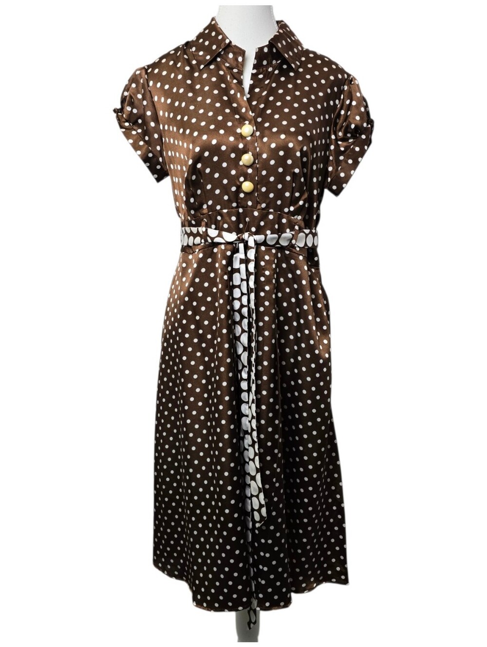 Dress Barn brown white polka dot satin dress size 10 retro pinup coquette